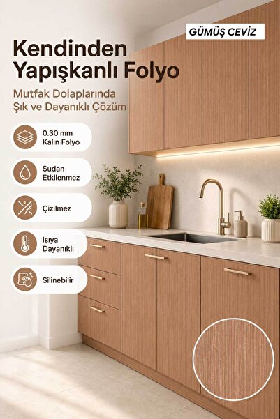 FixCaps Gümüş Ceviz Ahşap Dokulu Desenli Mutfak Mobilya Masa Banyo Fayans Zem...