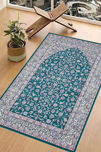 Carmine Carpet سجادة صلاة مطبوعة رقميًا بتصميم زهرة رافزا باللون الفيروزي مع ...