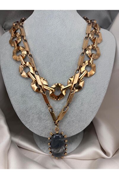 ZS Aksesuar Gold Thick Chain Natural Stone Look Women's Necklace Flashy State...