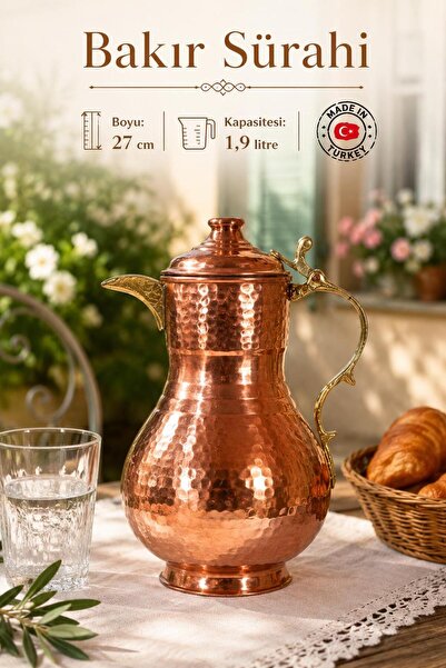 DMT COPPER HOME El Yapımı Dövme Bakır Sürahi 1,9 Litre – Kalaylı İç Yüzey, El...