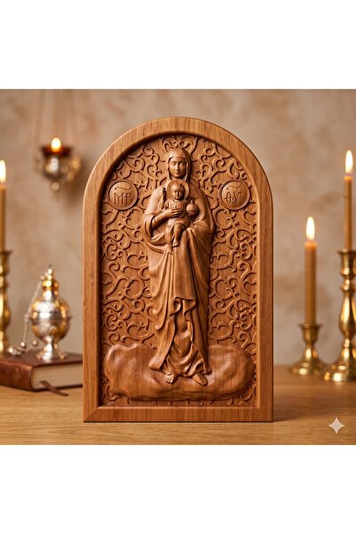 OEM Icoană sculptată în lemn masiv de stejar – Maica Domnului și Iisus Hristo...