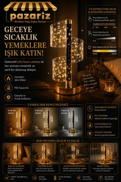 pazariz Kristal LED Gece Lambası 3D Altın tabanlı dokunmatik kontrollü şarjlı...