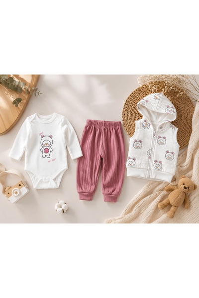 MAXİRA Kız Bebek Zıbın Kapşonlu Yelek Pijama 3’lü Takım %100 Pamuk