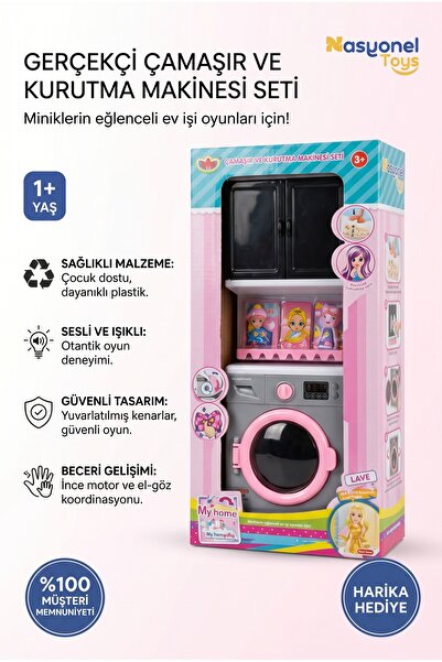 NASYONEL TOYS Çocuklar İçin Gerçekçi Sesli ve Işıklı Oyuncak Çamaşır Makinesi...