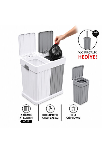 plastyol 2’li Twins Çöp Kovası Seti Gri & Beyaz - WC Fırçalık Hediyeli