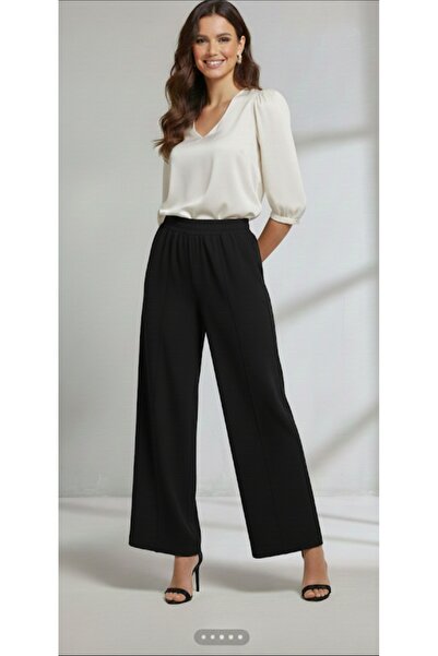 Dagü Design Women's Black Ribbed Detail Striped Relax Crepe Pants