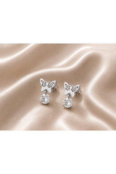 LUNIVRA Stainless Steel Butterfly and Stone Detailed Silver Minimal Earrings