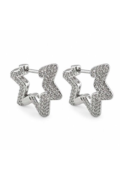 Zeino Pave Yıldız Zirkon Taşlı Küpe - Beyaz Altın Kaplama - 20 mm