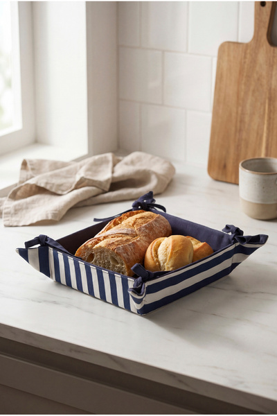 nareen home Lacivert Beyaz Çizgili Ekmek Sepeti 23x23 cm
