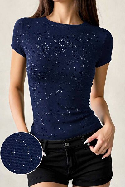 İlayda Toprak Cris Navy Blue Glitter Cyrstal Detail Slim Fit Short Sleeve Ful...