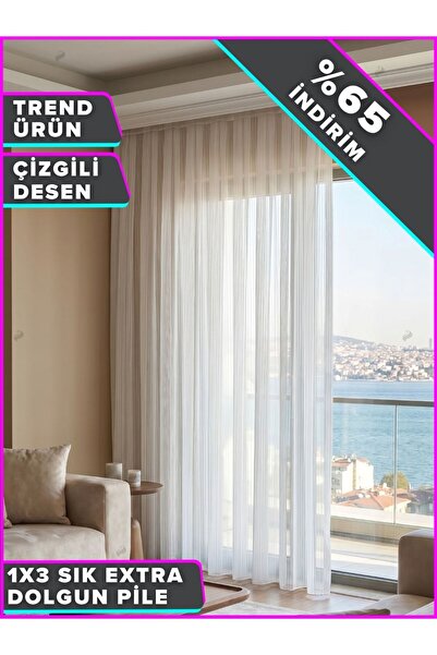 Demor Home 1’e 3 Sık Pileli Çizgili Tül Perde Kırık Beyaz Kornişe Takmaya Hazır
