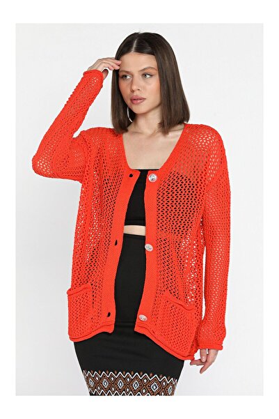 LC Waikiki Nevavm Women's Knitted Cardigan with Button Detail and Openwork De...