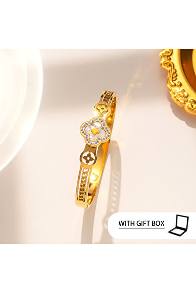 Choice5 Platinum Light Luxury Clover Bangle,White Shell and Titanium Steel El...