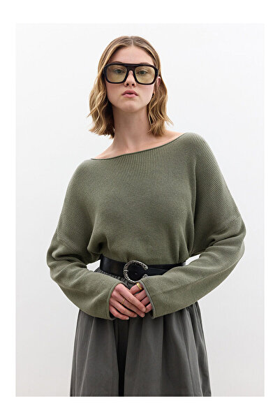 LC Waikiki Nevavm Oversize Draped Cotton Sweater Khaki with a Difference