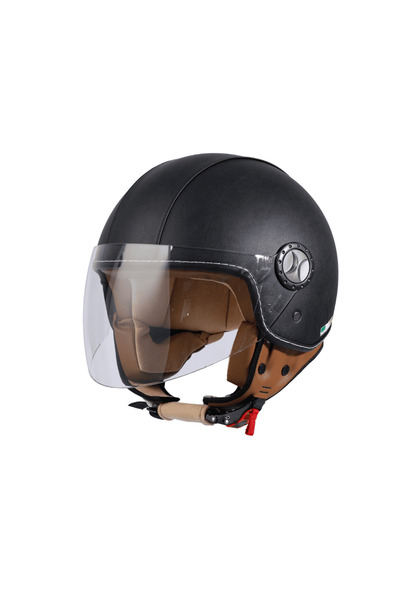 Sway SW-701 Black Leather Deri Kaplı Yarım Kask - MotoDede
