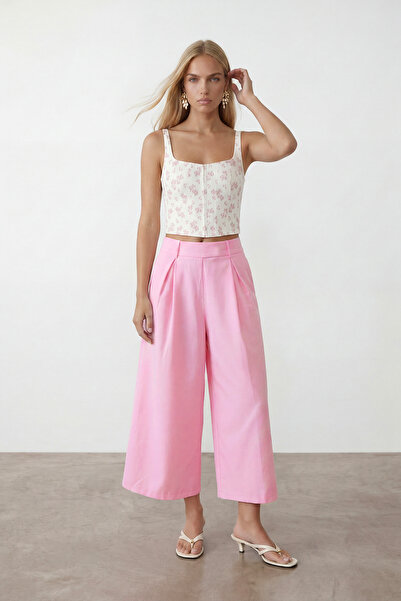 Trend Alaçatı Stili Pembe Çift Cepli Beli Pileli Astarlı Poplin Kapri Pantolon Alc-X15518