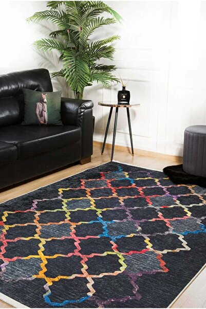 halinet Halı.Net Black Modern Washable Non-Slip Living Room Carpet Haln-Hln920