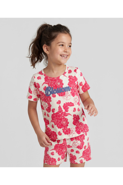 Pine kids Cotton Knit Half Sleeves Short Night Suit with Floral Print - White...