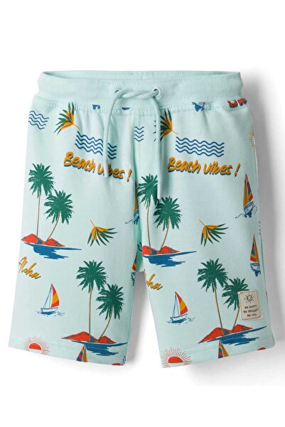 Pine kids Looper Knit Shorts with Beach Theme Print - Sea Green
