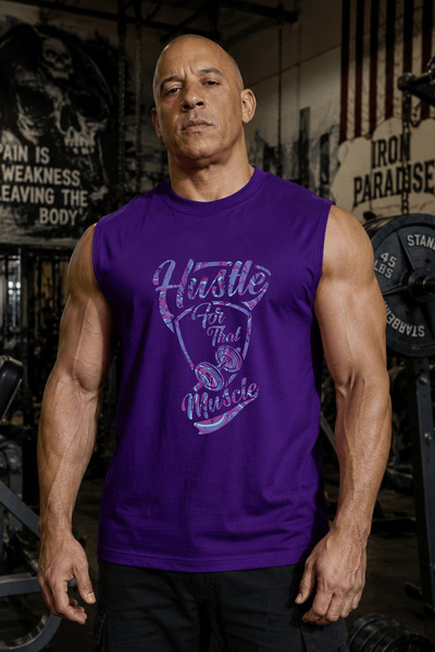 BESSA قميص رياضي بدون أكمام مطبوع عليه Mor Hustle Muscle من نسيج قطني برقبة د...