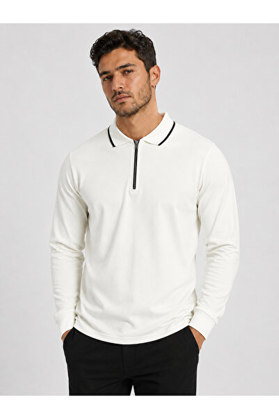 brz braazi Ecru Men's Half-Zip Polo Collar Embroidered Oysho Sweatshirt