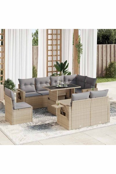 vidaxl Set canapele de gradina, 9 piese, cu perne, bej, poliratan