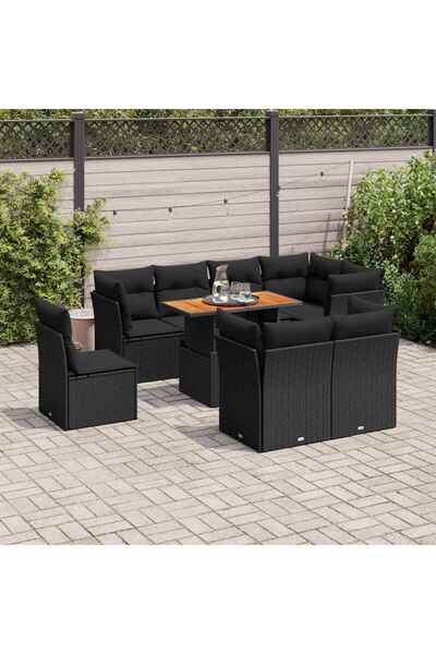 vidaxl Set mobilier de gradina cu perne, 9 piese, negru, poliratan