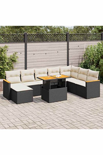 vidaxl Set mobilier gradina perne 9 piese negru poliratan/lemn acacia