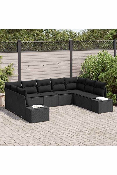 vidaxl Set de canapele pentru gradina cu perna 9 pcs Negru poliratan