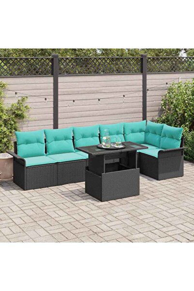 vidaxl Set de canapele pentru gradina cu perna 7 pcs Negru Rattan poli
