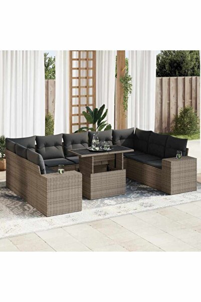 vidaxl Set mobilier de gradina cu perne, 10 piese, gri, poliratan
