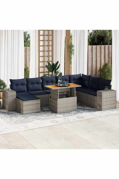 vidaxl Set canapele de gradina, 9 piese, cu perne, gri, poliratan