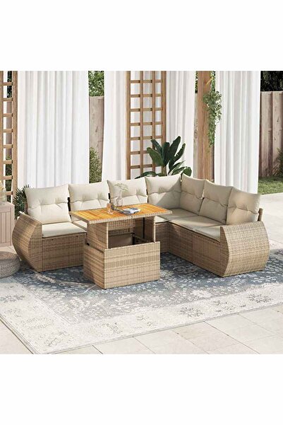 vidaxl Set canapele de gradina, 7 piese, cu perne, bej, poliratan