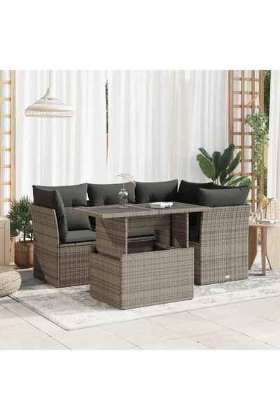 vidaxl Set canapea de gradina cu perne, 5 piese, gri, poliratan