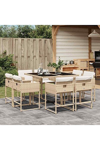 vidaxl Set de masa pentru gradina, 9 piese, cu perne, bej, poliratan