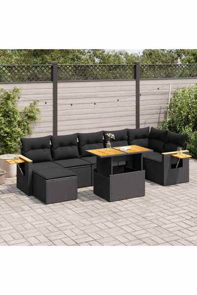vidaxl Set mobilier gradina perne 8 piese negru, poliratan/lemn acacia