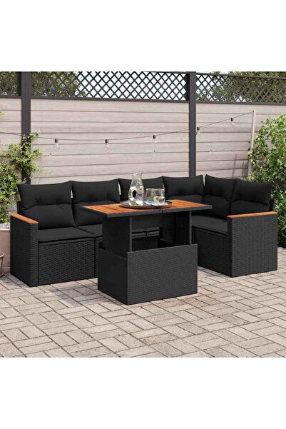 vidaxl Set mobilier gradina perne 6 piese negru poliratan/lemn acacia