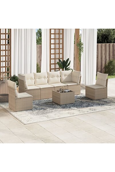 vidaxl Set canapele de gradina, 7 piese, cu perne, bej, poliratan