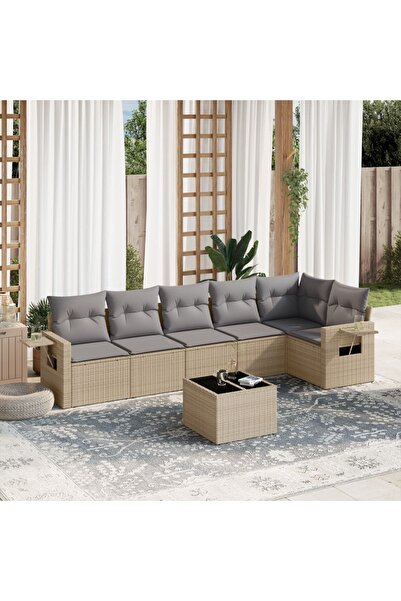 vidaxl Set canapele de gradina, 7 piese, cu perne, bej, poliratan