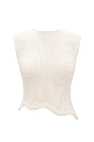 Qoolest Women's Ecru Summer Sleeveless Stylish Design Asymmetrical Cut Ribbed Knitwear Blouse
