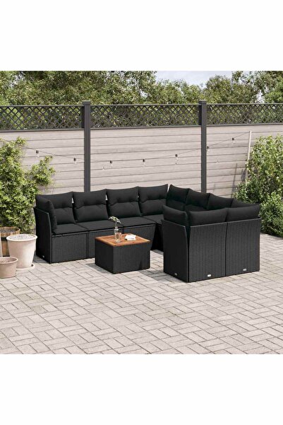 vidaxl Set mobilier de gradina cu perne, 9 piese, negru, poliratan