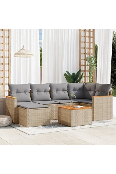 vidaxl Set canapele de gradina, 7 piese, cu perne, bej, poliratan