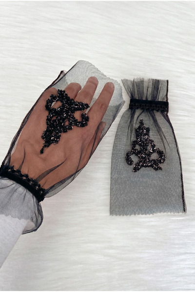 ZEYMERADE Black Luxury Crystal Glass Bead Bridal Gloves, Henna Night Wedding ...