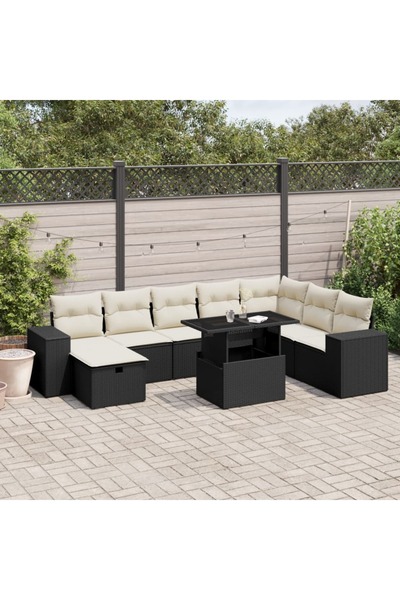 vidaxl Set mobilier de gradina cu perne, 9 piese, negru, poliratan