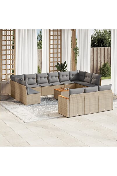 vidaxl Set canapele de gradina, 14 piese, cu perne, bej, poliratan