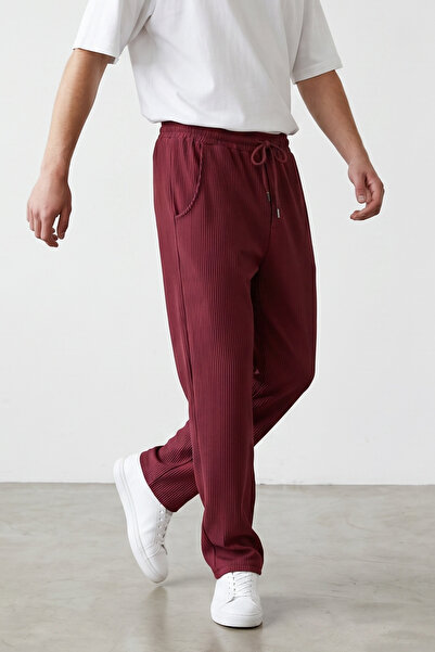 modasende Men's burgundy oversize ottoman fabric trousers