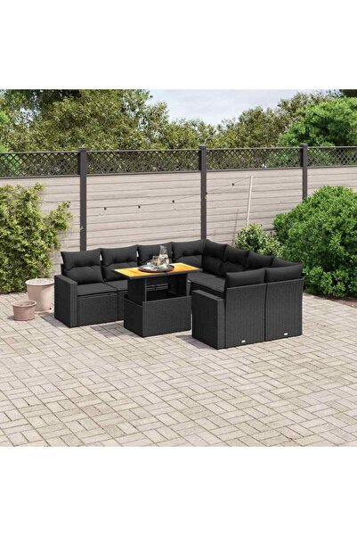 vidaxl Set mobilier de gradina cu perne, 9 piese, negru, poliratan