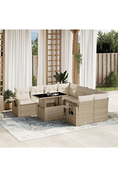 vidaxl Set canapele de gradina, 9 piese, cu perne, bej, poliratan