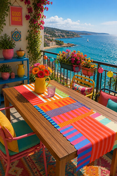 Decomia Home Modern Çizgili Renkli Dijital Baskı Runner Dekoratif Masa Runner...