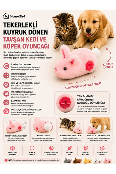 House Bird Pofuduk Tavşan Eğlenceli Ve Hareketli Kurmalı Kedi & Köpek Oyuncağı
